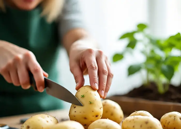 Generate a detailed guide on growing potatoes using the No-Dig Method, focusing on how to prepare seed potatoes with sprouting eyes, as shown in the image. Include tips on cutting and chitting seed potatoes, why this method is ideal for home gardeners, the benefits of using minimal soil disturbance, and the steps to ensure a successful harvest. Address topics like spacing, watering, mulching, and pest control.