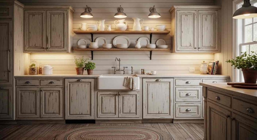 Farmhouse Charm with Distressed Beige Kitchen Cabinets