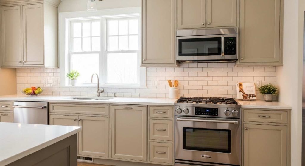 Beige Cabinets With Subway Tile Backsplash
