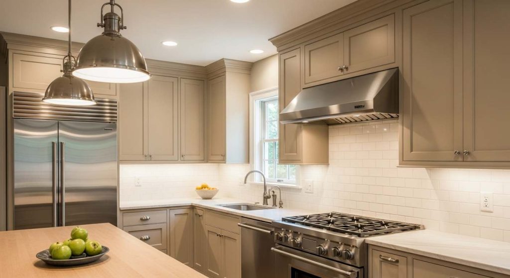 Beige cabinets with Stainless Steel Appliances