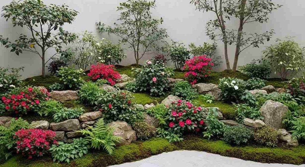 Plants are layered by height and texture