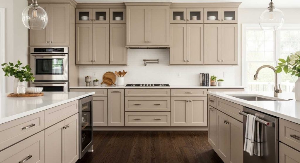 Beige cabinets with Dark Wood Flooring