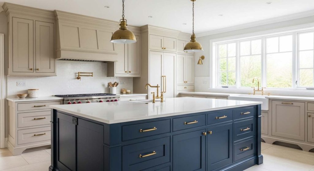 Beige Cabinets with a Colorful island