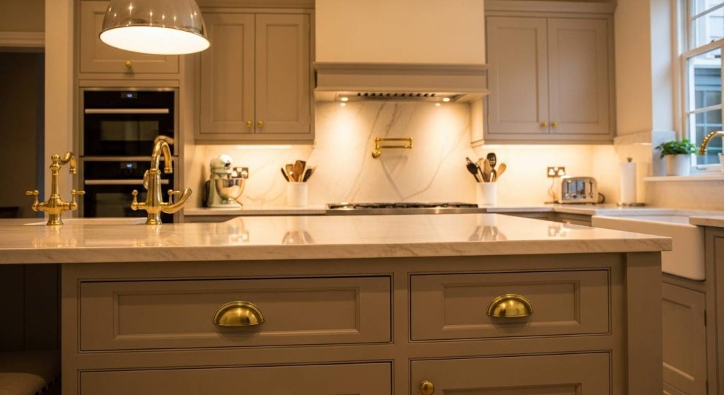 Beige Cabinets and White Quartz Countertops