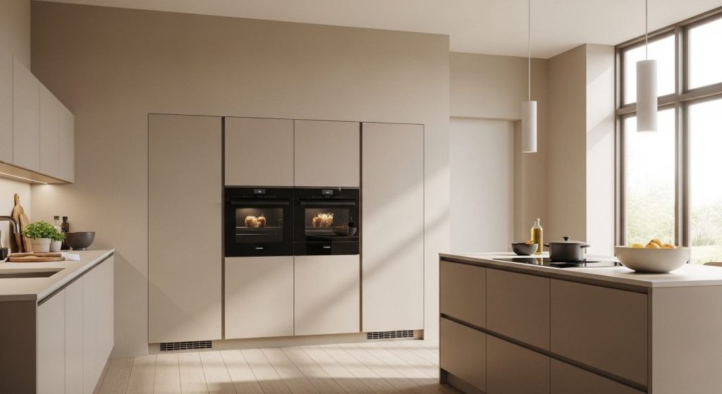 Beige cabinets with patterned tile backsplash