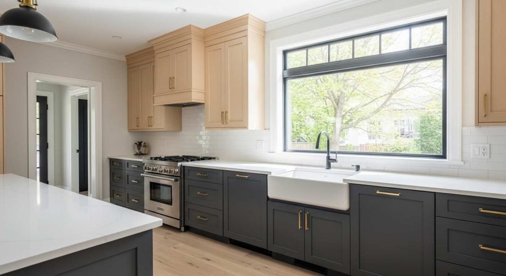Upper cabinets in two-tone beige with dark lowers