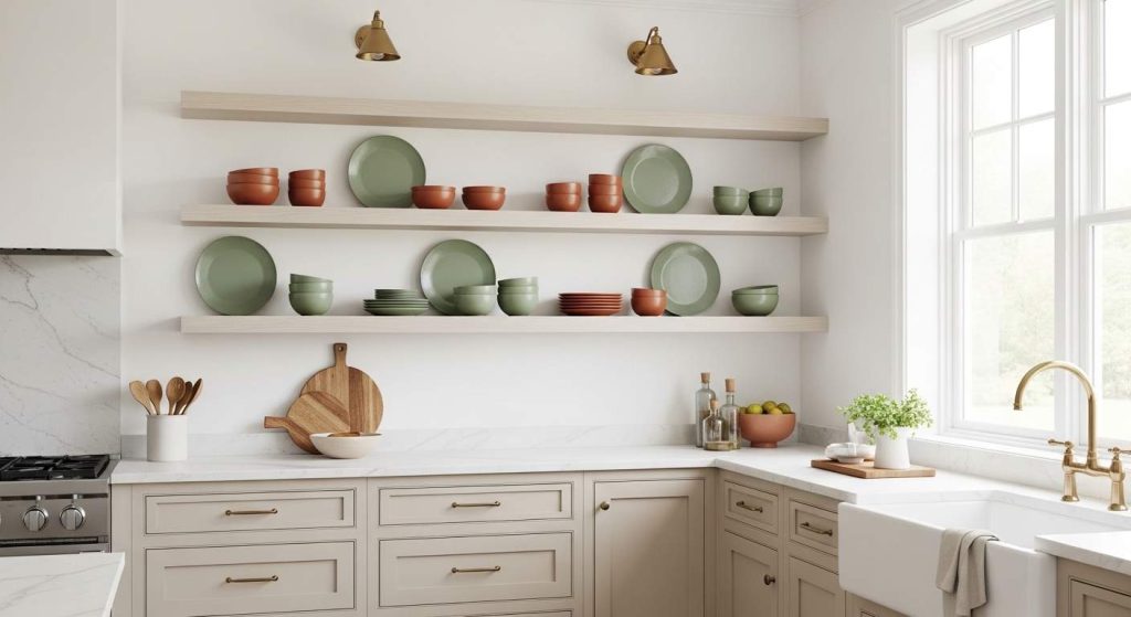Beige cabinets and open shelving
