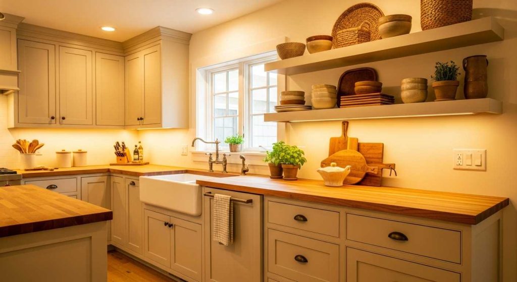 Warm Beige Cabinets and Wood Countertops