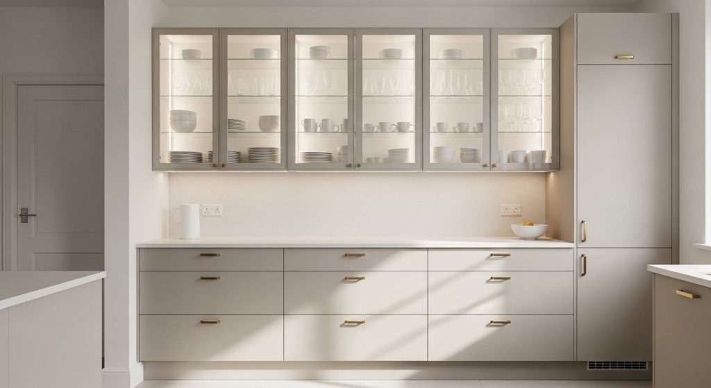 Lower cabinets in Beige with Glass Front Uppers