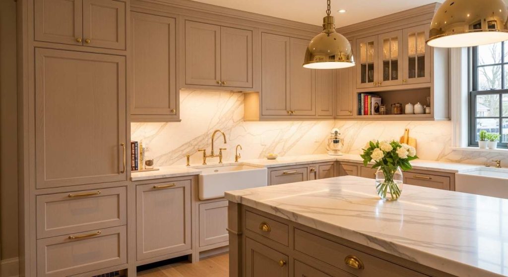 Beige Cabinets With Gold and Brass Accents