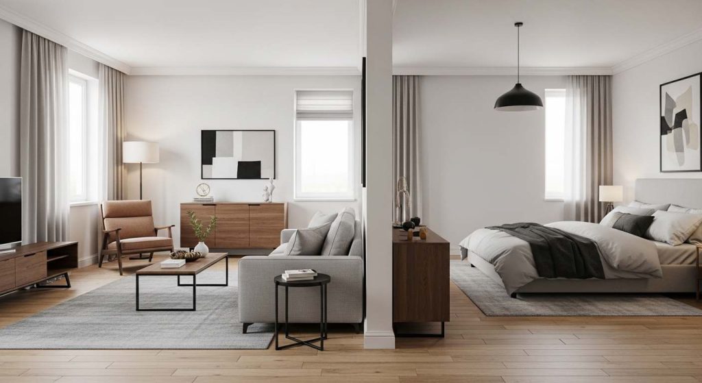 The sofa that faces away from the bed
