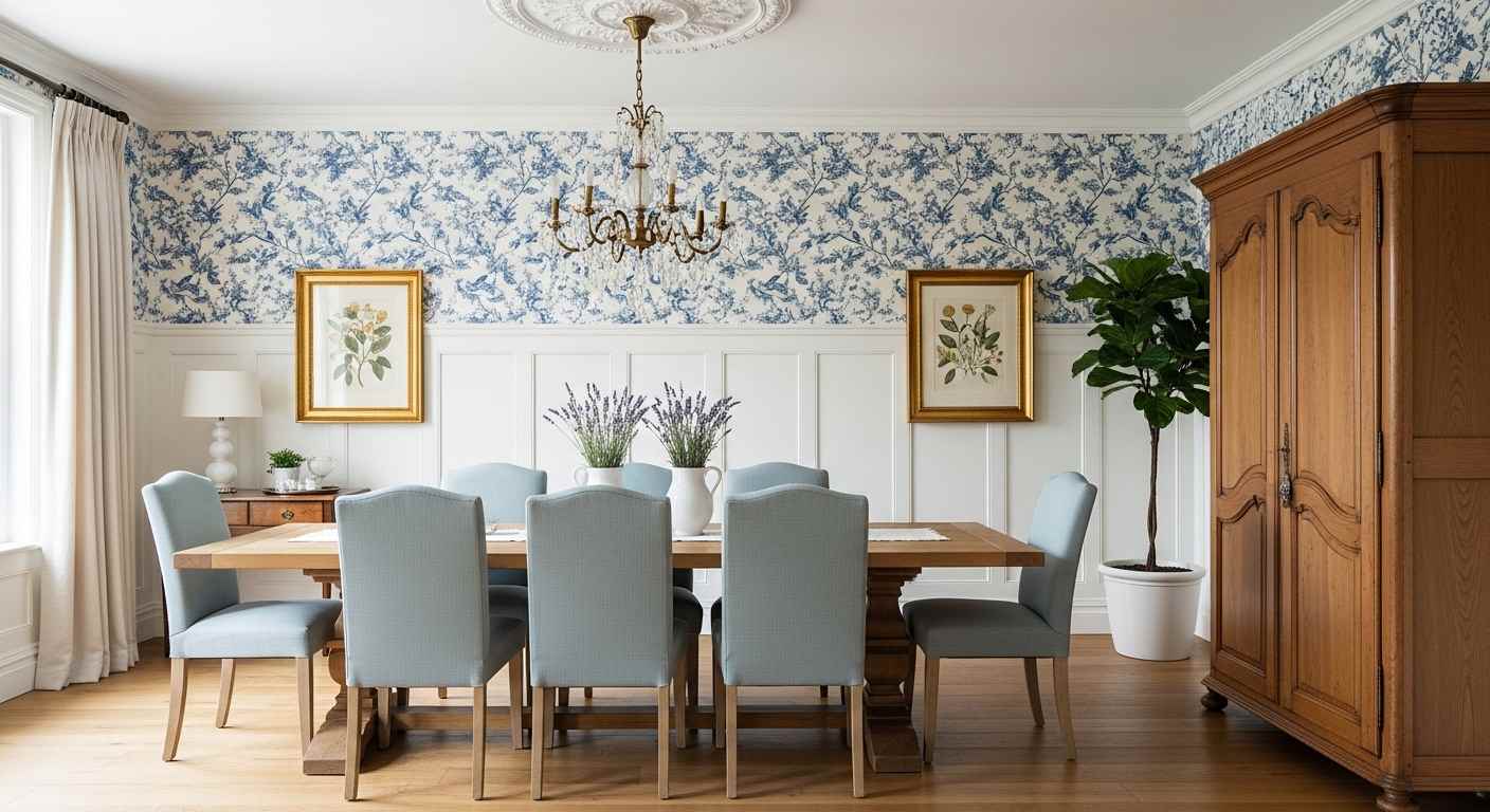 Blue and White Toile Wallpaper for Dining Room
