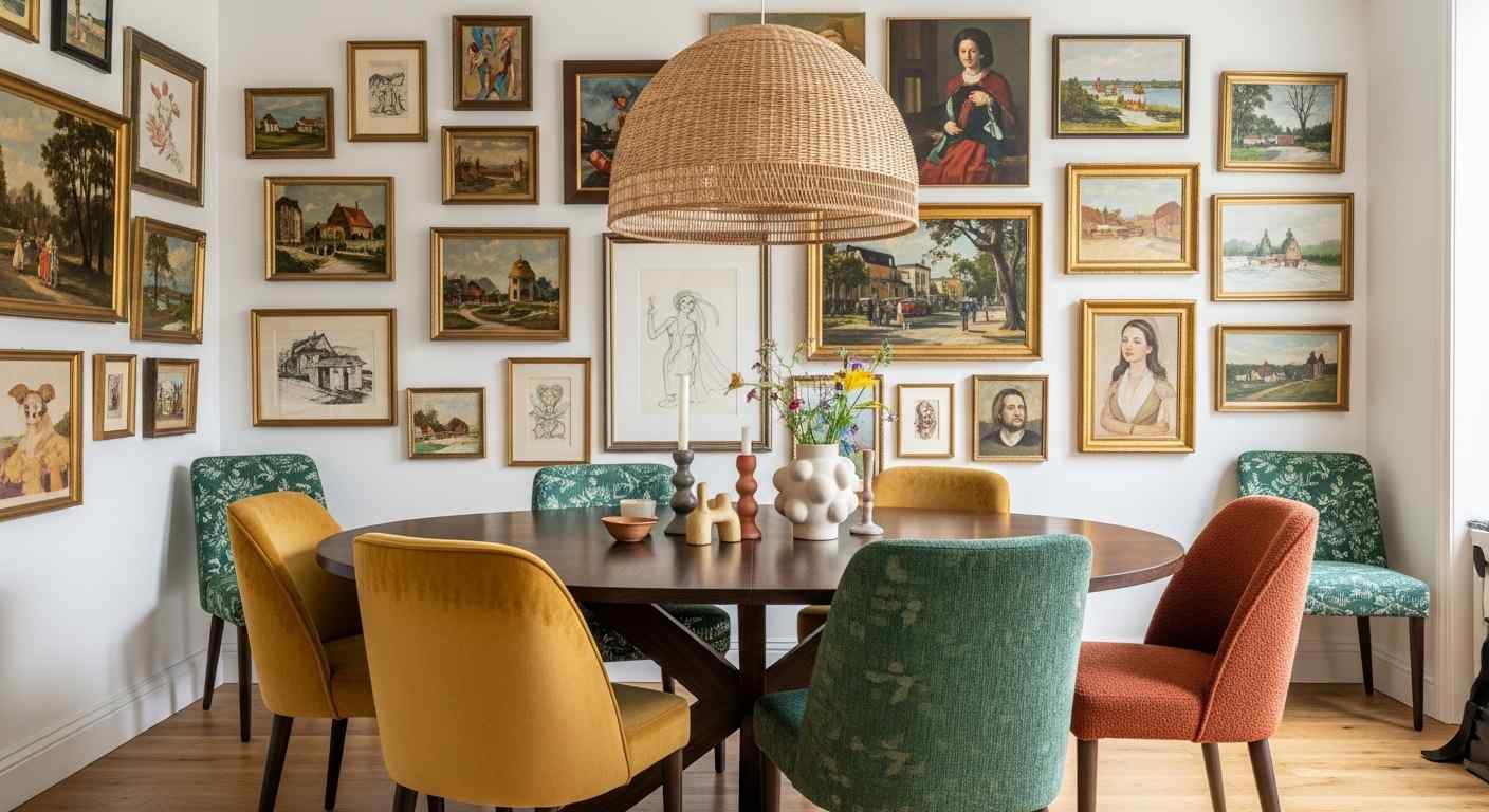 Eclectic Dining Room with Gallery Wall & Mixed Chairs