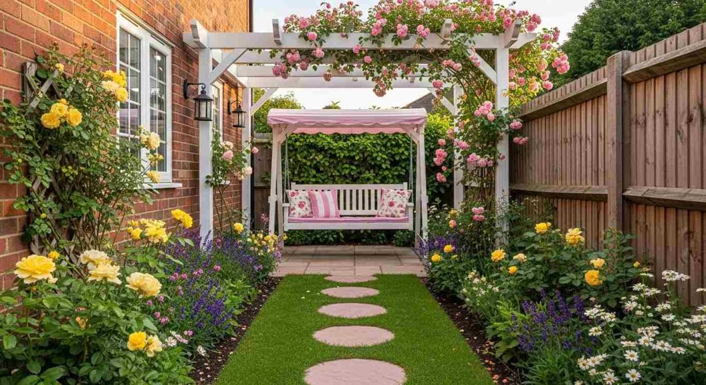 The Narrow side Garden with a Rose Pergola Walkway