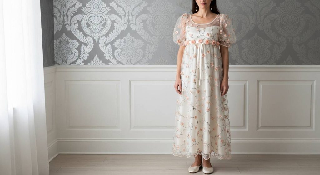 Ivory Organza Dress with Peach Floral Vine