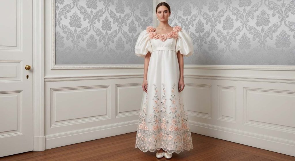 Ivory Organza Dress with Peach Rose Applique Sleeves