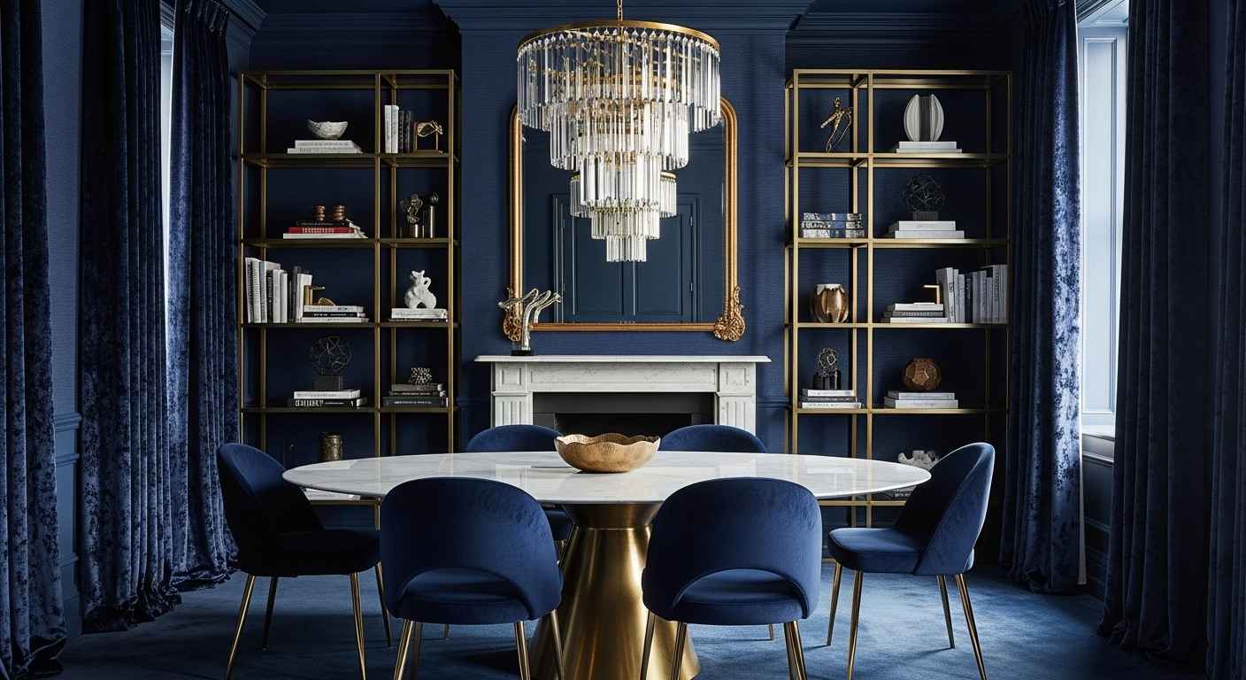 Navy Blue Formal Dining with Gold Bookcase