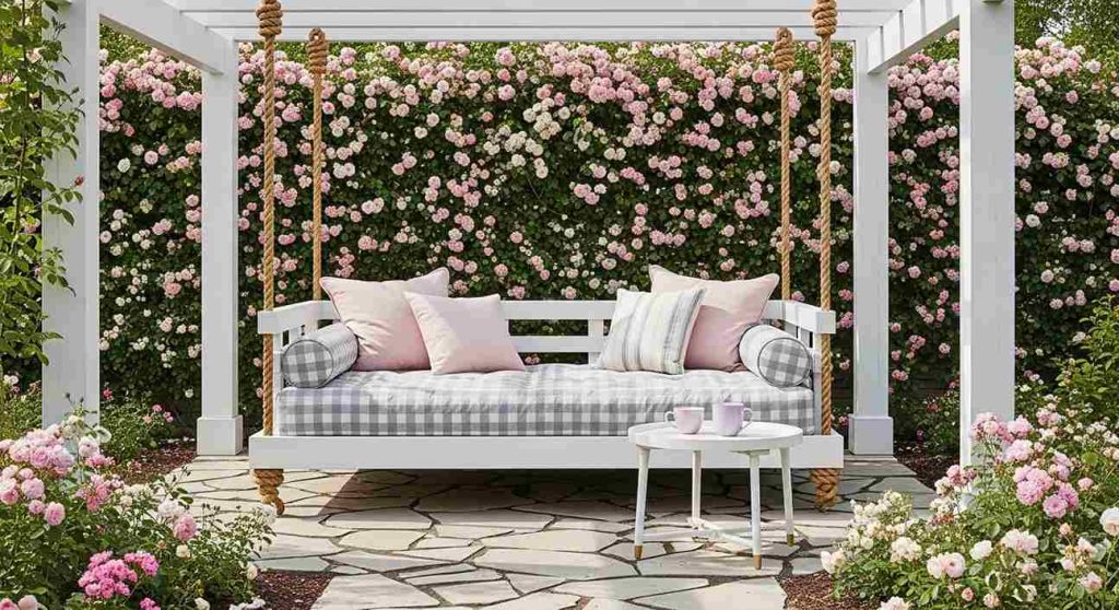 Pergola Swing Bed with Rose Wall