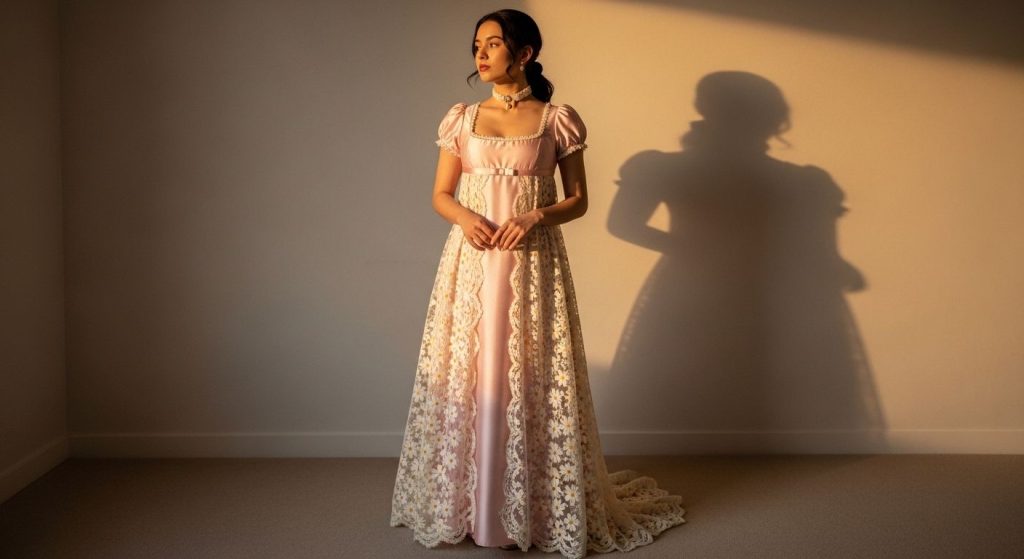 Pink Satin Column Gown with Cream Lace
