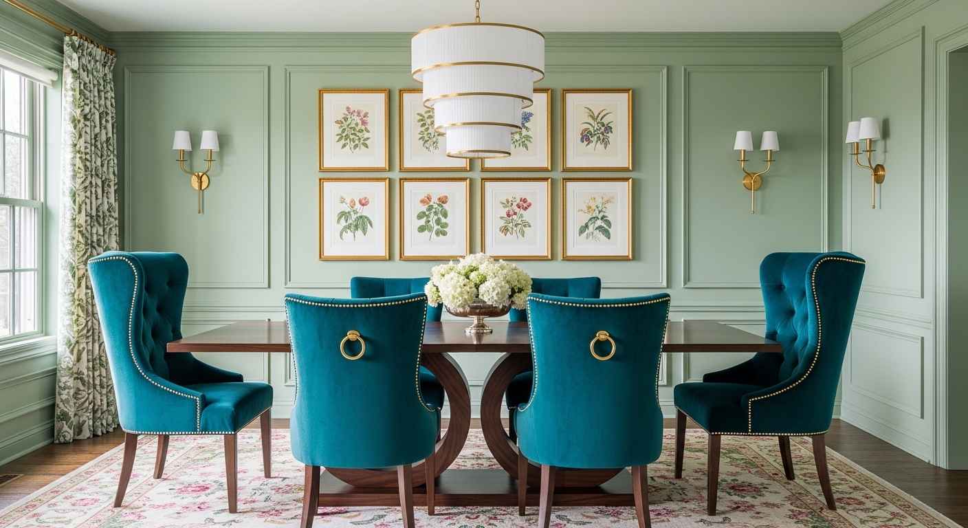 Sage Green Gallery Wall with Teal Velvet Chairs