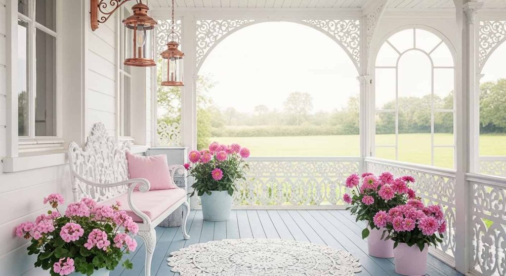 The Shabby chic Veranda with Ornate White Ironwork
