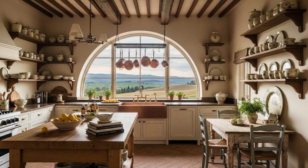 The ceiling is stolen by exposed wooden beams