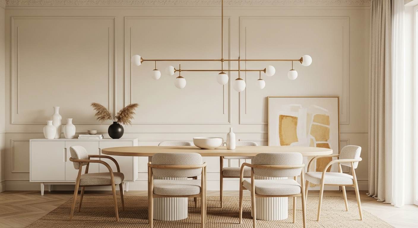 Warm Neutral Oval Pedestal Table with Bouclé Chairs