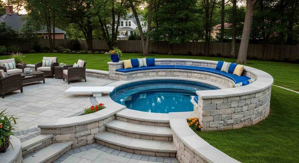 Semi-In-Ground Pool with Curved Retaining Wall