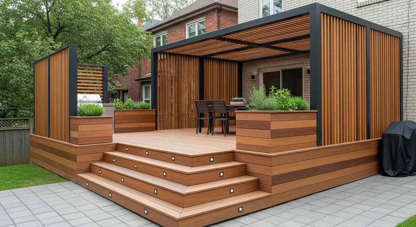 Multi-Level Deck with Black Metal Pergola and Privacy Screens