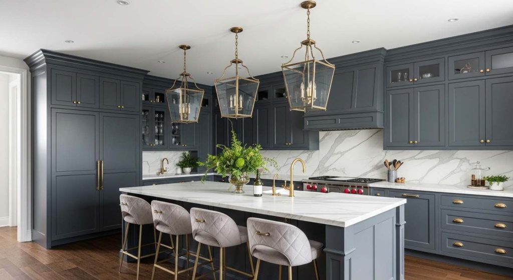 Dark Gray Cabinets with Gold Pendant Lights on Marble Island
