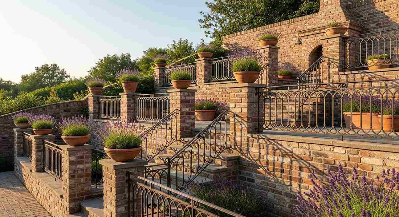 Brick Pillar arbor with Green Wood Gate, Lantern Sconces and Lantern Sconces