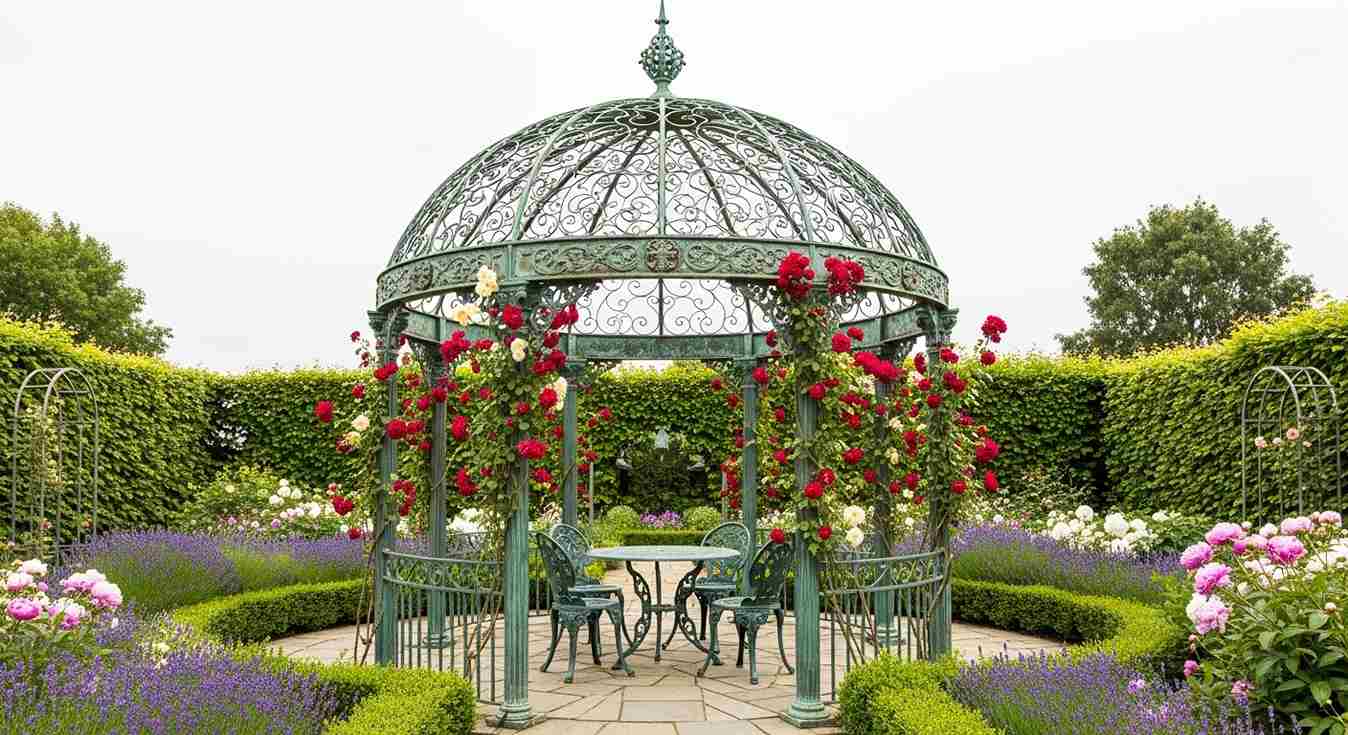Ornate Wrought Iron Gazebo With Climbing Roses
