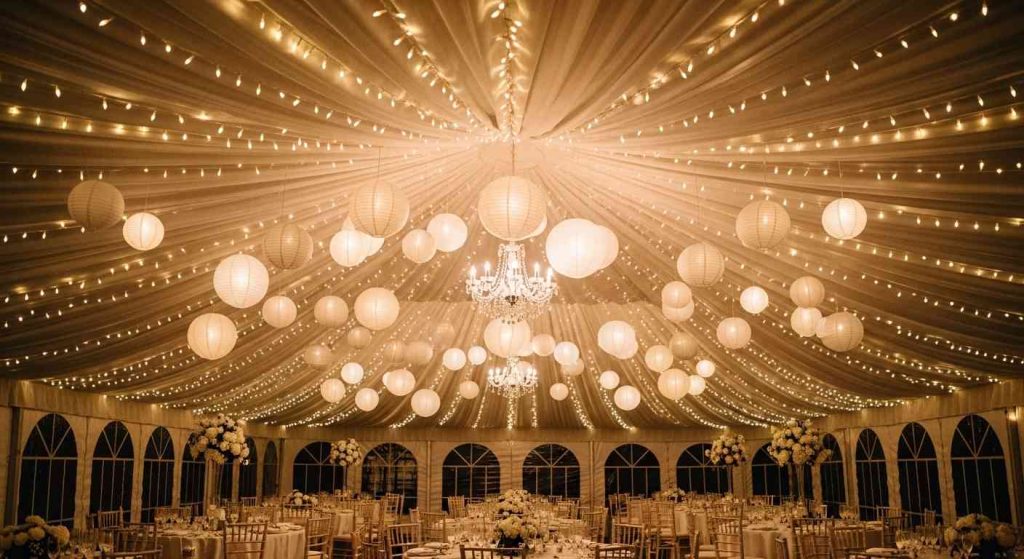 Draped tent with pendant lighting