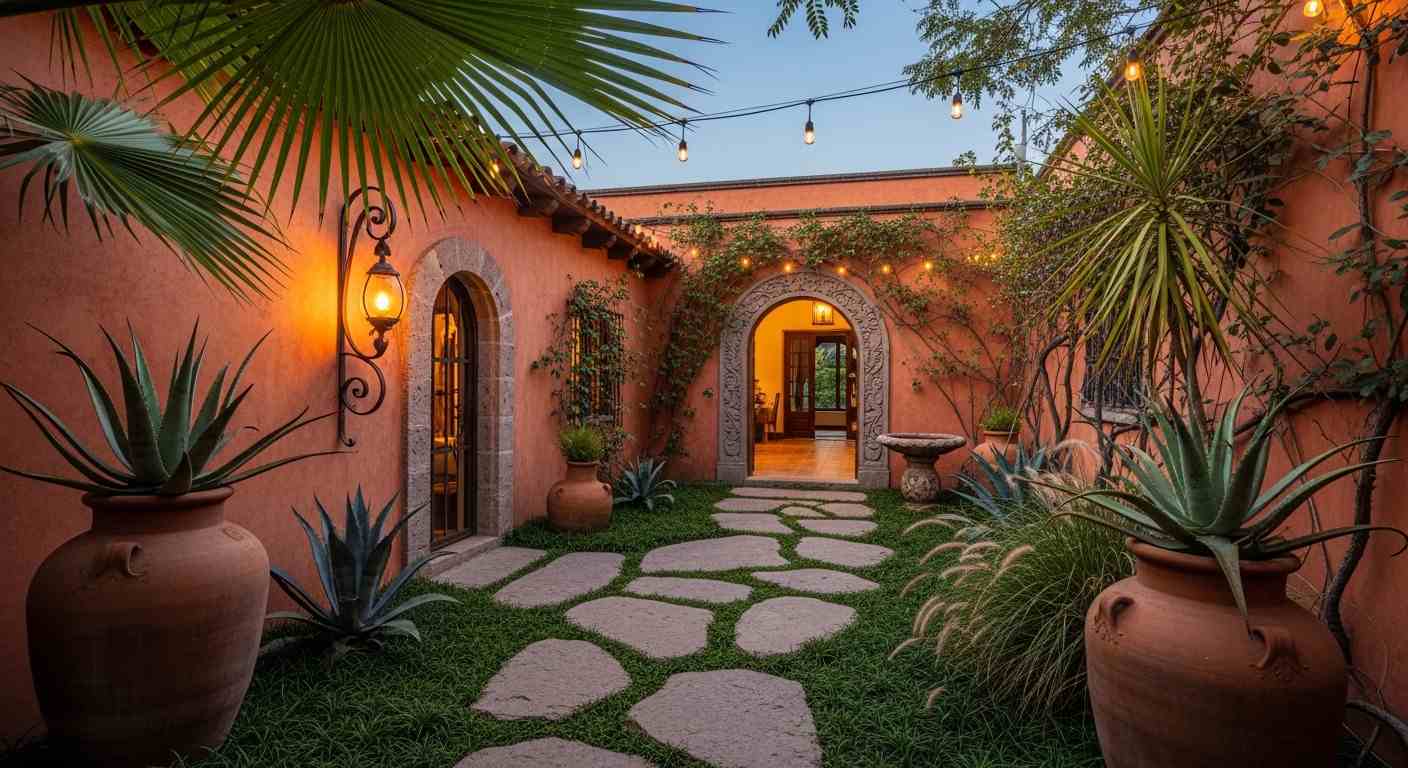 Mexican hacienda twilight garden with flagstone path and terracotta pot borders