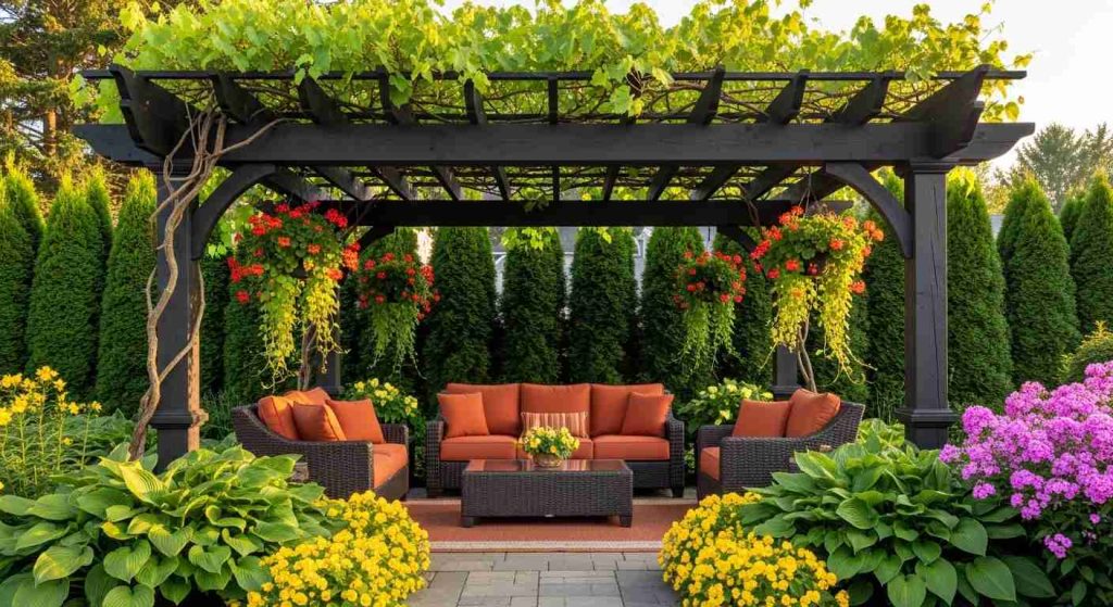 Traditional Pergola with Hanging Flower Baskets