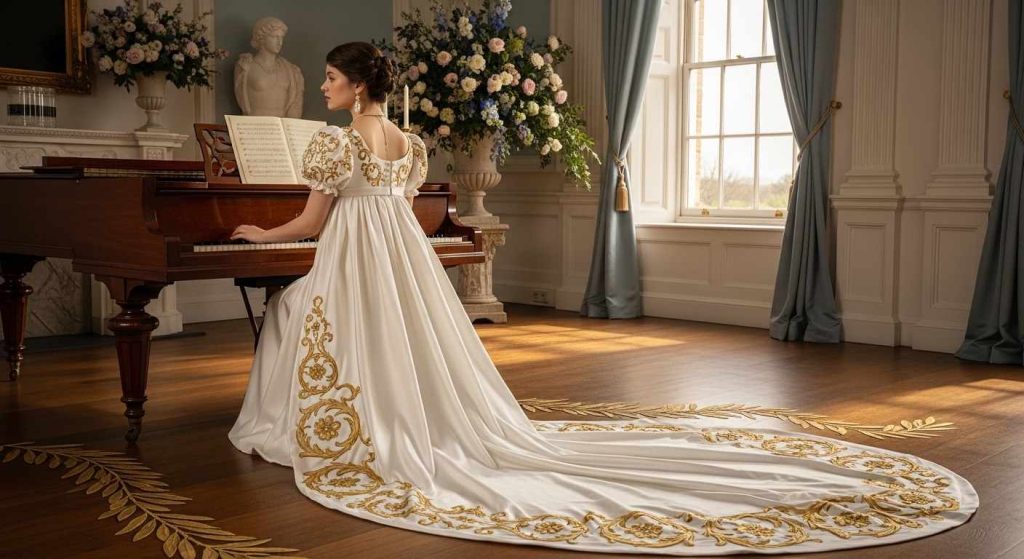 Ivory Silk Gown With Gold Embroidery Train
