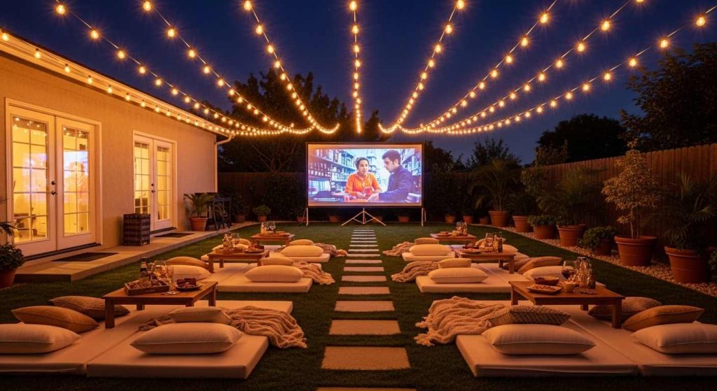 Budget Outdoor Cinema — Floor Lounges + String Lights
