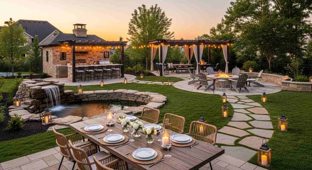 Multi-Zone Backyard — Kitchen + Fire Pit + Dining + Waterfall