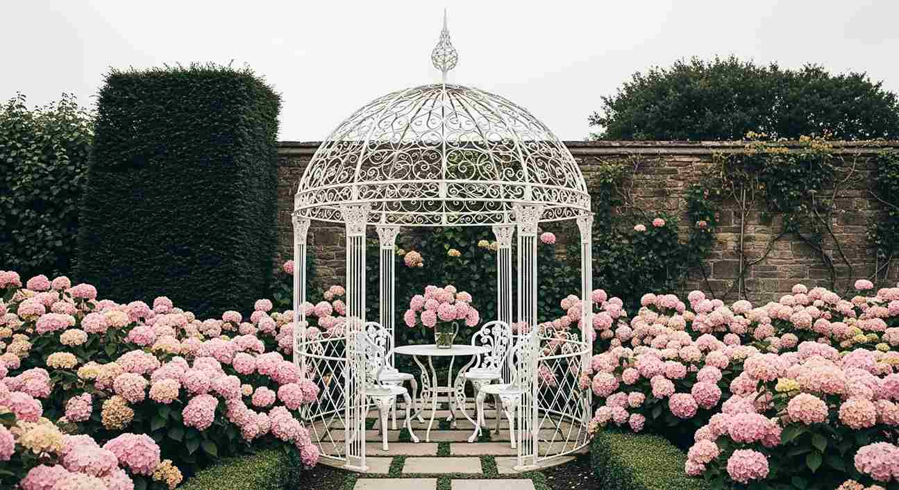 White Wrought Iron Gazebo with Hydrangea Garden