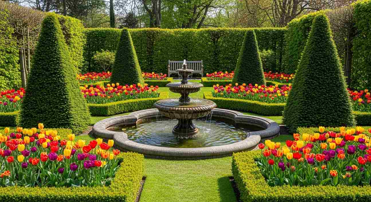Fountain Garden Symmetrical with Topiary Cones