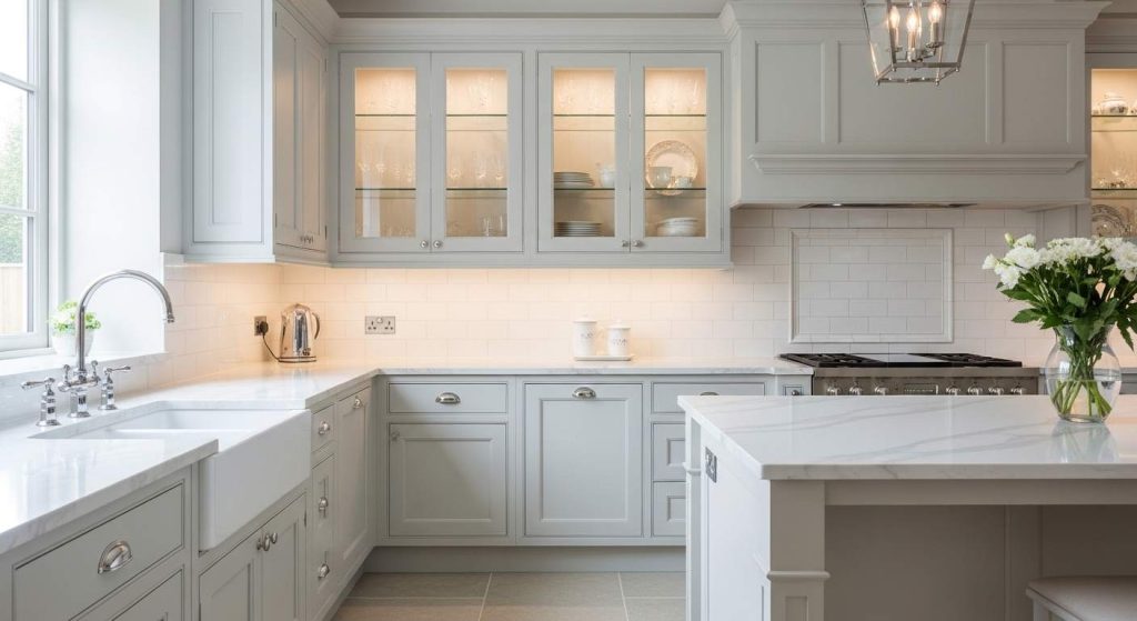 11. Light Gray Cabinets with Glass Doors and Interior lighting