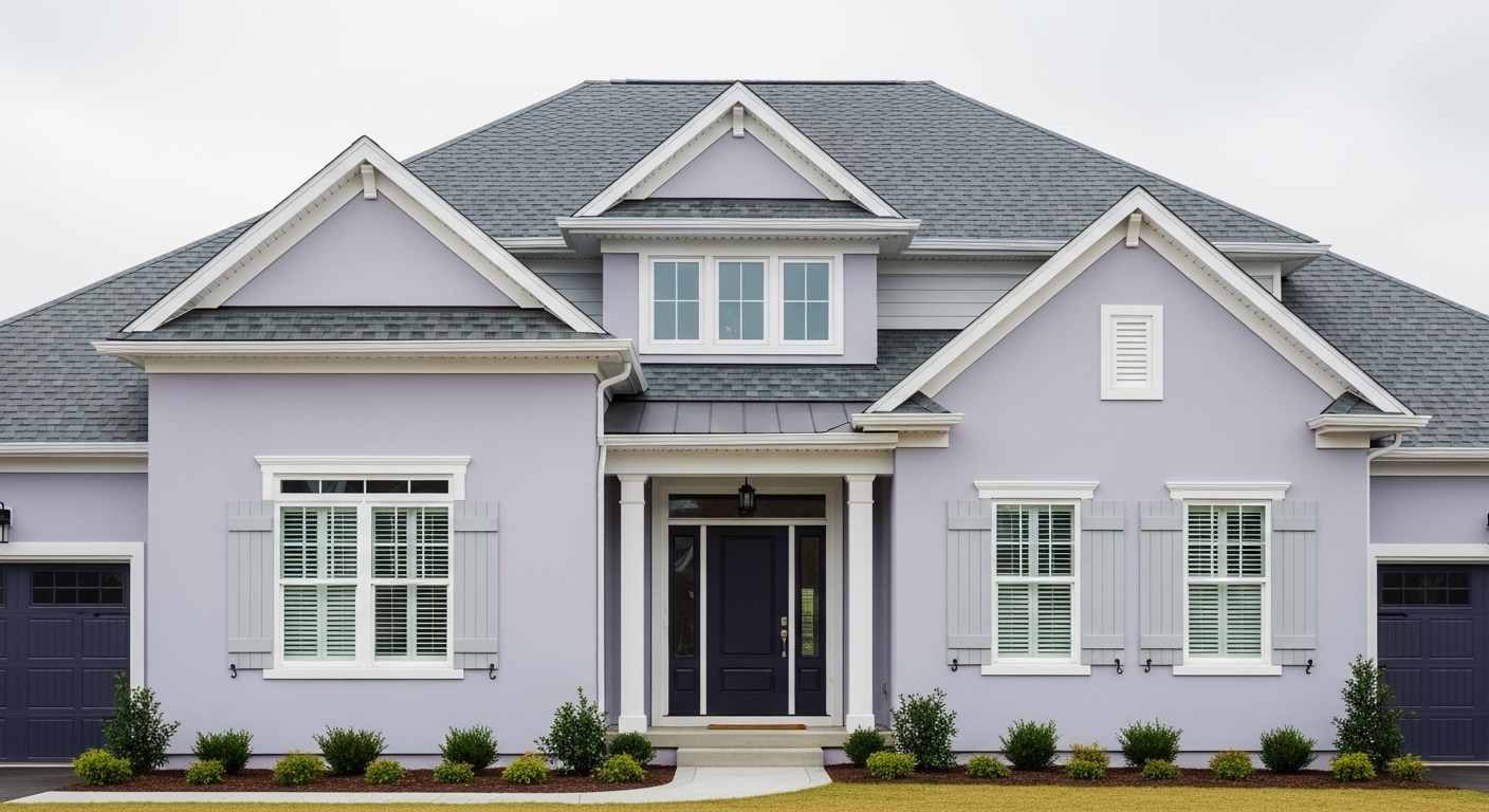 Grey Roof with White Trim and Navy Door
