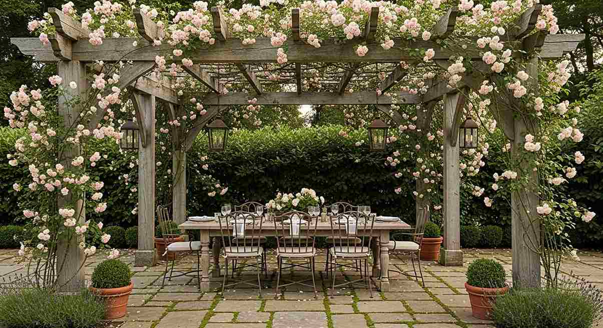 Rose-draped Rustic Dining Area
