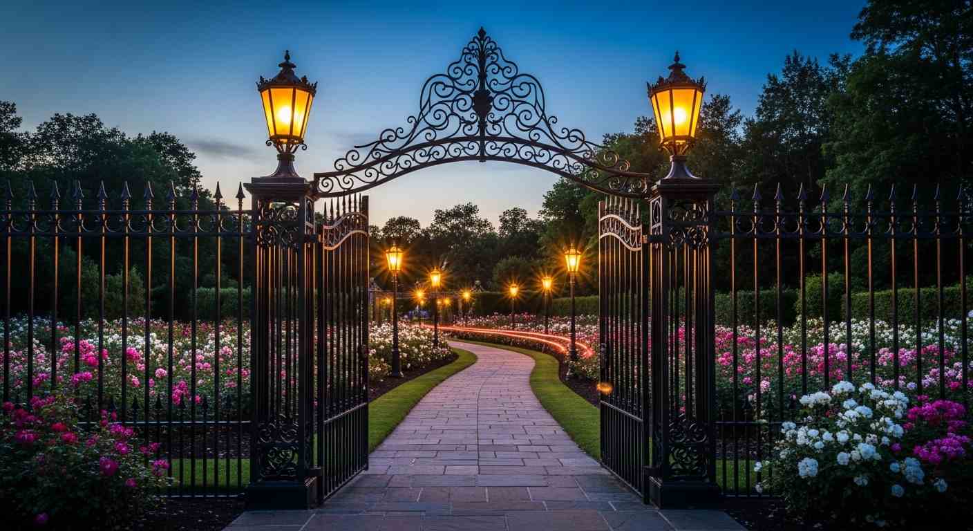 Lantern-Lit Stone Pathway & Iron Gate Entrance

