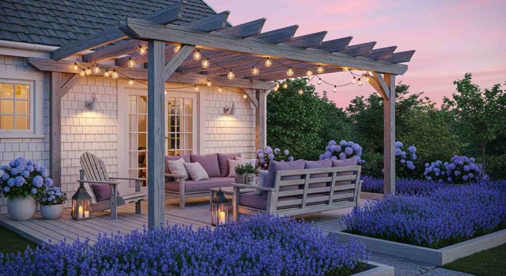  Cottage Pergola with Lavender Garden at Dusk