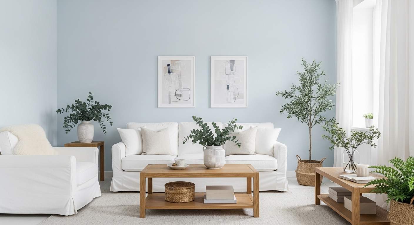 Scandinavian Ice Blue -- Pale Blue Walls and White Furniture with Natural Wood
