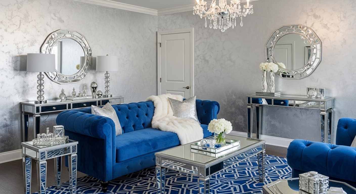 Blue Velvet Hollywood Glam - Sapphire Blue Velvet and Mirrored Furniture
