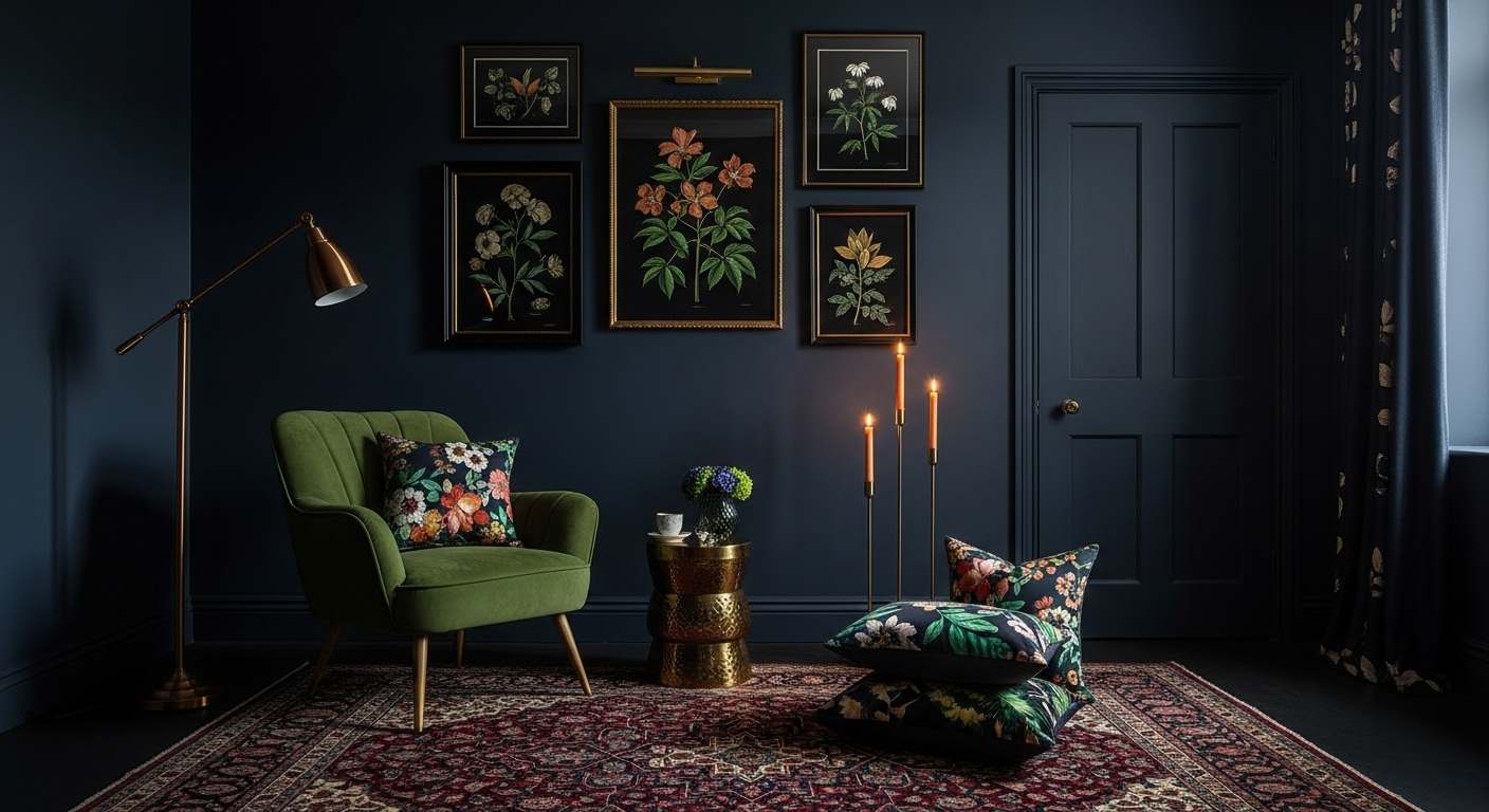  Moody Navy Maximalist - Dark Navy walls with Bold prints and Jewel Tones
