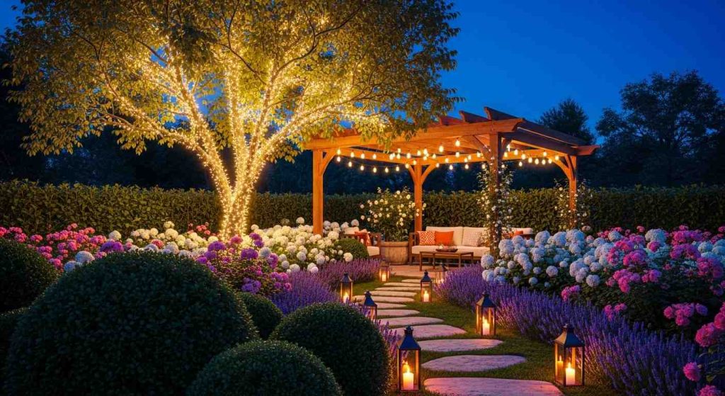 Pergola + String Lights + Blooming Garden Path