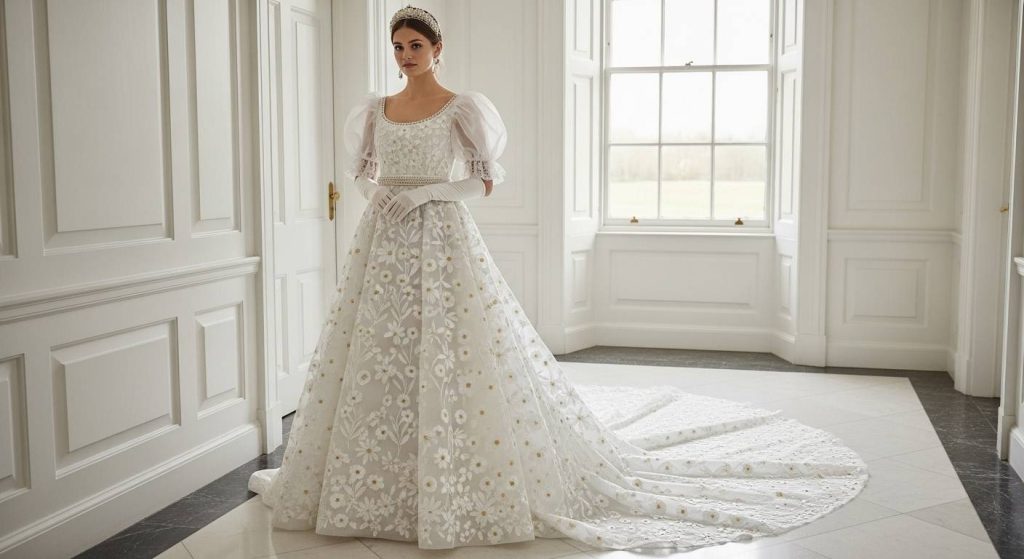 White Floral Embroidered Regency Wedding Dress